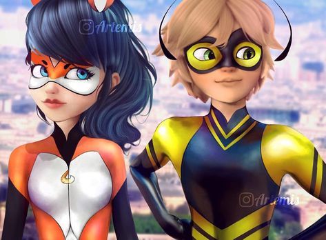 🎄; Artemis ! on Instagram: ““The Fox and Bee team!” 🦊🐝 - This edit is so bright it’s actually blinding me 😂😂 I decided to edit a kwami swap, but not one that’s seen…” Kwami Swap, Miraculous Kwamis, Marinette Ladybug, Swap Ideas, Creature Artwork, Miraculous Ladybug Anime, The Fox, Lady Bug, Miraculous Ladybug