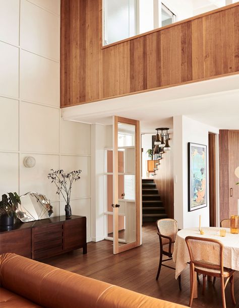 A Mid-Century Renovation That Masterfully Blends Old And New Mid Century Renovation, Dulux Natural White, 1960s Home, Timber Panelling, Rattan Dining Chairs, Australian Homes, The Design Files, Indoor Outdoor Living, Mid Century House