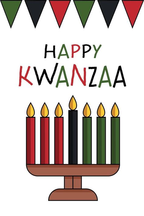 Happy Kwanzaa greeting card with kinara and seven candles, flag bunting, flat illustration. Cute simple vertical poster for African American Kwanzaa celebration holiday. Kwanzaa Cards, Kwanzaa Celebration, Happy Kwanzaa, Card Inspo, Illustration Cute, Vertical Poster, Kwanzaa, Daily Bible Verse, Flag Bunting