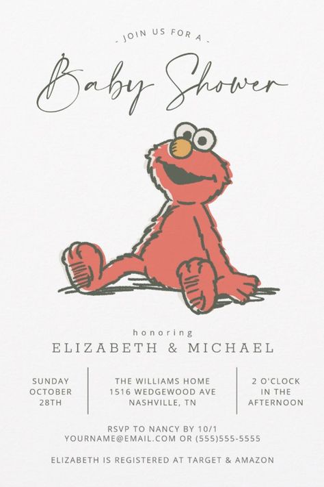 Vintage Elmo Baby Shower Invitation
Invite all your family and friends to your Baby Shower with these vintage invitations featuring Elmo. Personalize by adding all your shower details! Elmo Baby Shower Ideas, Elmo Birthday Party Invitations, Sesame Street Baby Shower Ideas, Elmo Party Invitations, Free Elmo Birthday Invitation, Elmo First Birthday Invitations, Sesame Street Invitations Template Free, Elmo Invitations, Elmo’s World Birthday Invitation