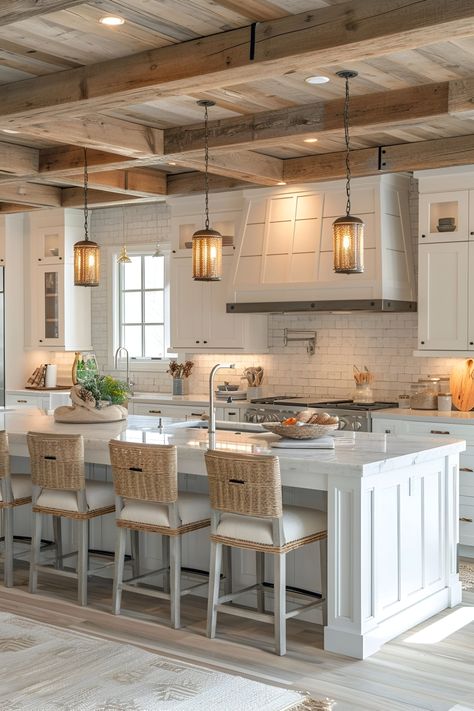 14 Elegant Coastal Farmhouse Kitchens with Eye-Catching Designs Distressed Wood Table, Coastal Farmhouse Kitchen, Coastal Kitchen Decor, Farmhouse Designs, Farmhouse Kitchen Island, Farmhouse Kitchen Design, Coastal Kitchen, Kitchen Farmhouse, Coastal Farmhouse