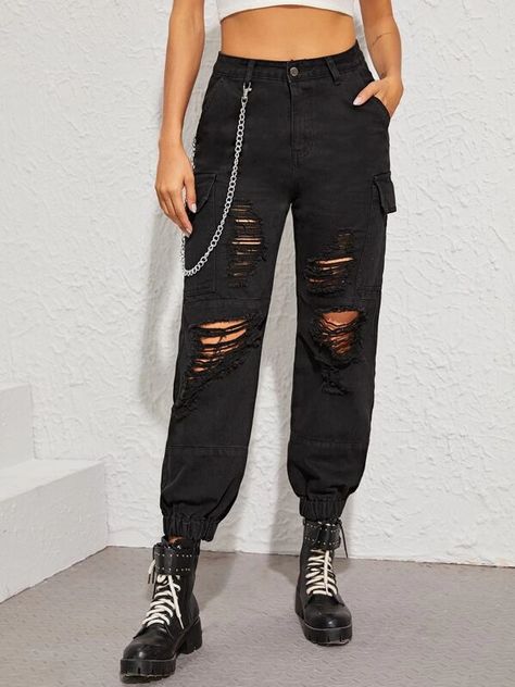 Flap Pocket Side Ripped Cargo Jeans With Chain | SHEIN USA SIZE 8/10 LARGE Ripped Cargo Pants, Jeans With Chains, Kawaii Clothes Goth, Cargo Pants Style, Cargo Pants Outfit, Fur Clothing, Black Ripped Jeans, Black Cargo Pants, Jeans Cargo