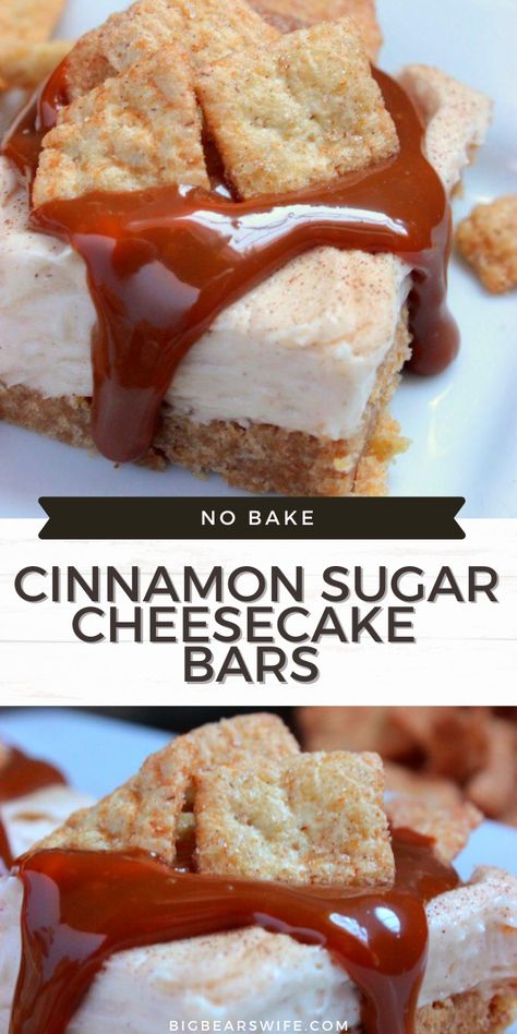 A smooth and creamy no bake cheesecake with a cinnamon sugar cereal crust!! These No Bake Cinnamon Sugar Cheesecake Bars are the best! Cinnamon Cheesecake, Cinnamon Roll Cheesecake, Bar Desserts, Easy No Bake Cheesecake, Cheesecake Bar Recipes, Bake Cheesecake, No Bake Bars, No Bake Cheesecake, Cheesecake Bars