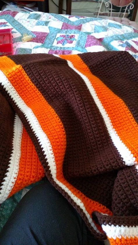 I am making this for my son Nicholas of the Cleveland Browns. Cleveland Browns Crochet Blanket, Cleveland Browns Crochet, Crochet Blanket Sizes, Cleveland Browns Shirts, Crocheted Clothing, Infinity Scarfs, Afghans Crochet, Browns Football, Crochet Afgans