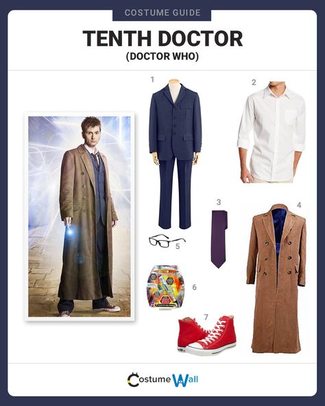 Find a complete guide of how to dress just like the Tenth Doctor from the hit BBC television show Doctor Who. Dr Who Outfits, 10th Doctor Costume, 10th Doctor Cosplay, Doctor Who Halloween Costumes, Doctor Who Halloween, Doctor Who Costume, Dr Who Costume, Doctor Who Outfits, Doctor Who Cosplay