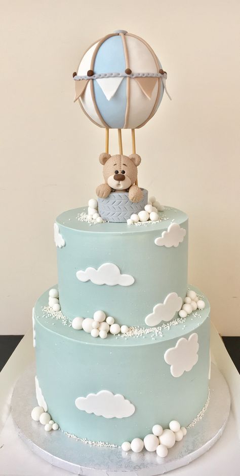 Cake Ideas For Baby Boy, Hot Air Balloon Baby Shower Cake, Baby Shower Cake Boy, Teddy Bear Birthday Cake, Christening Cake Boy, Boys First Birthday Cake, Hot Air Balloon Cake, Boys 1st Birthday Cake, Baby Boy Birthday Cake