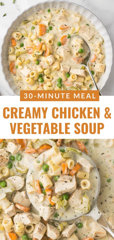 Make dinner simple with this easy creamy chicken and vegetable soup! Loaded with flavorful chicken, fresh veggies, and a velvety broth, this soup is a comforting option for busy weeknights. Serve it with crusty bread for a cozy, satisfying meal the whole family will love! Chicken Rice Vegetable Soup, Creamy Chicken And Vegetable Soup, Chicken And Frozen Vegetable Recipes, Creamy Chicken Vegetable Soup, Chicken And Veggie Soup, Chicken And Vegetable Soup, Easy Creamy Chicken, Chicken Veggie Soup, Chicken Vegetable Soup