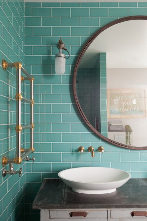 2LG Studio St. Albans, England Edwardian Cottage Home Tour. Brick tile pattern in turquoise Turquoise Bathroom Ideas, Turquoise Bathroom Tiles, Bathroom Turquoise, Fun Bathrooms, Turquoise Tiles, Turquoise Bathroom, Teal Tile, Turquoise Tile, Teal Bathroom