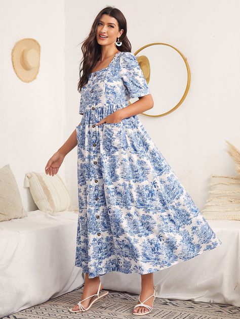 Blue and White Boho  Short Sleeve Polyester Floral A Line  Non-Stretch Spring/Summer Women Dresses Blue And White Dresses, Mission Outfits, Blue White Floral Dress, Blue And White Floral Dress, Floral Dresses With Sleeves, Ruffle Neck Dress, Navy Blue Floral Dress, Beige Kitchen, Asymmetrical Hem Dress