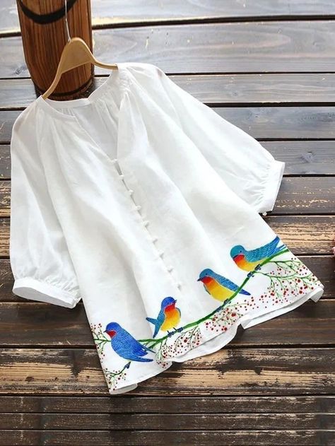 Linen Blouse Outfit, Fabric Paint Shirt, Colourful Birds, Fabric Paint Diy, Painted Clothes Diy, Hand Painted Dress, Fabric Painting On Clothes, Dress Painting, Fabric Paint Designs