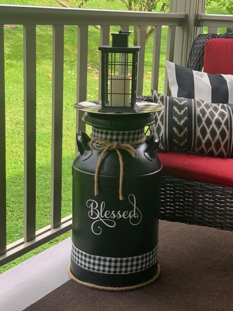 This milk can was given to me from my dear friend who has passed. It belong to her dad and I cherish it Antique Milk Can Ideas, Milk Cans Ideas, Milk Can Ideas Front Porches, Milk Can Ideas, Farmhouse Kitchen Diy, Country Porches, Painted Milk Cans, Milk Can Decor, Antique Milk Can