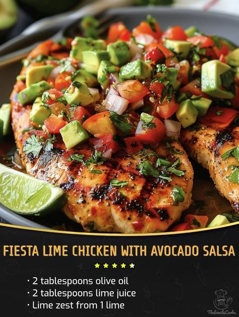 Family Cookbook Recipes | Fiesta Lime Chicken with Avocado Salsa | Facebook Fiesta Lime Chicken With Avocado, Fiesta Lime Chicken With Avocado Salsa, Applebee's Fiesta Lime Chicken Recipe, Fiesta Lime Chicken Applebees, Chicken With Avocado Salsa, Fiesta Lime Chicken, Chicken With Avocado, Lime Chicken Recipes, Recipes Oven