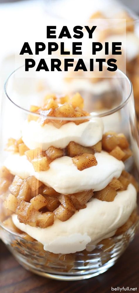 These Apple Pie Parfaits have layers of caramelized apples and homemade whipped cream. An easy and delicious treat for the Fall season or all year round! #applepie #applepiefilling #parfaits Apple Pie Breakfast Parfait, Fall Parfait Breakfast, Apple Parfait Desserts, Apple Pie Parfait Desserts, Caramelized Apples Easy, Thanksgiving Parfait Desserts, Desert Parfait, Apple Pie Parfait, Mom Snacks