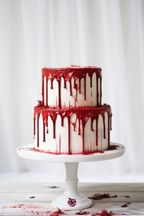 2 tier blood dripping red and white cake for Halloween wedding lux goth gore party Red Cake Two Tier, Spooky Red Velvet Cake, Red Cake Drip, Halloween Cake 2 Tier, Spooky Bday Cake, Goth Baked Goods, Black Cake With Red Drip, Gory Halloween Cakes, Goth Birthday Cake Ideas