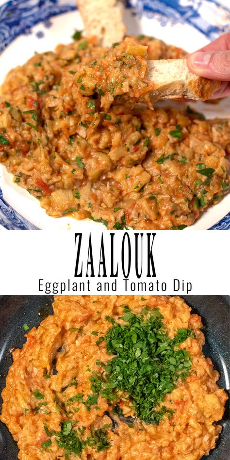 Zaalouk is a traditional Moroccan dish that combines roasted eggplant with tomatoes, garlic, and a blend of aromatic spices, resulting in a rich and hearty dip bursting with flavor. Perfect as a side dish or appetizer, Zaalouk offers a delightful taste of the exotic for your culinary adventures. #contentednesscooking #vegan #vegetarian Middle Eastern Appetizers, Moroccan Appetizers, Zaalouk Recipe, Eggplant With Tomatoes, Moroccan Dish, Moroccan Eggplant Dip, Moroccan Eggplant, Middle Eastern Eggplant, Turkish Eggplant Dip