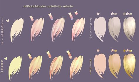 Blondes. Hair palette by Velsinte on DeviantArt Blonde Hair Palette, Hair Palette, Anime Hair Color, Waves Tutorial, Coloring Tutorial, Poses References, Digital Painting Tutorials, Cloud Painting, Anime Hair