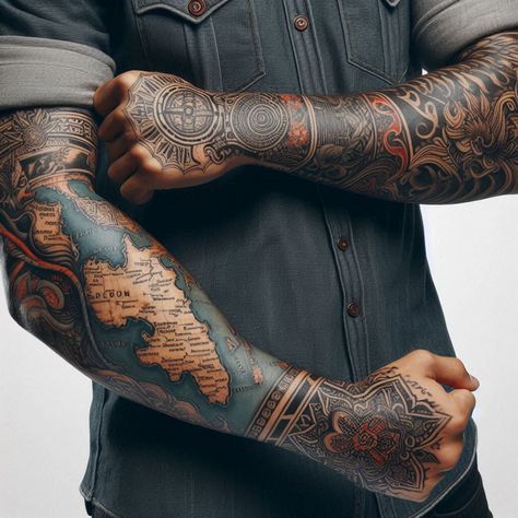 Arm Band Sleeve Tattoo, World Map Tattoo Sleeve, Detailed Sleeve Tattoos, Tattoo Armor, The World Is Yours Tattoo, Geometric Tattoo Leg, Scotland Tattoo, World Map Tattoo, Meaningful Tattoos For Men