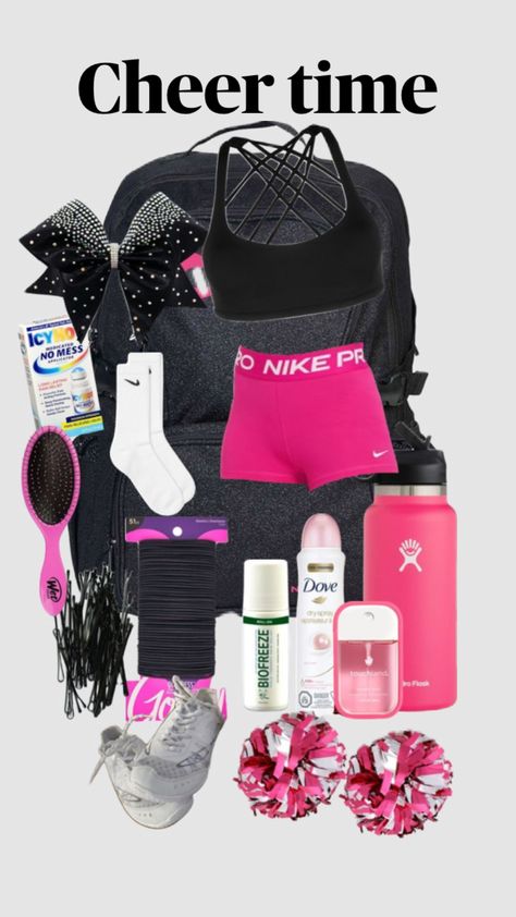 Cheer Organization Ideas, Dance Stuff To Buy, Whats In My Cheer Bag, What’s In My Cheer Bag, Cheer Bags Ideas, Cheer Must Haves, Cheer Tryouts Outfit, Cheer Wishlist, Gymnastics Outfits For Practice