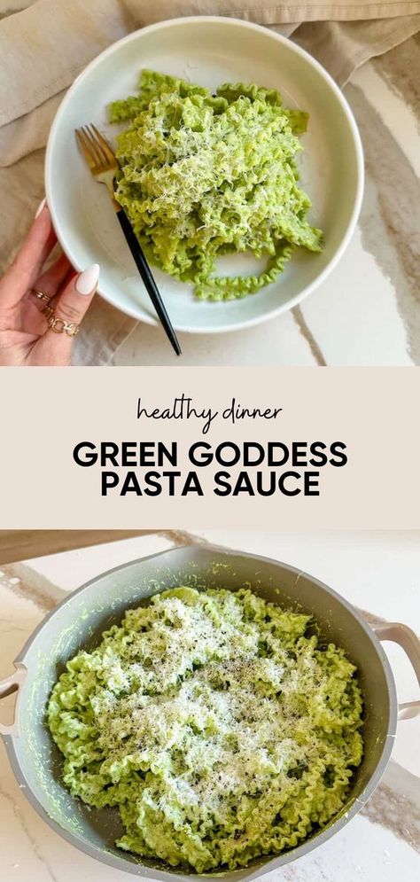 This Green Goddess Pasta Sauce comes together in just a few minutes and is full of fresh flavors and herbs. It comes together in just under 10 minutes making it a great healthy weeknight dinner idea. It's made with cottage cheese and greek yogurt which makes it a high protein pasta dinner. Healthy Greek Yogurt Recipes Dinner, High Protein Pasta Sauce Cottage Cheese, Healthy Green Pasta Sauce, Yogurt And Cottage Cheese, Green Goddess Pasta Sauce, Cottage Core Recipes Dinner, Green Yogurt Recipes, Cottage Dinner Ideas, Vegetarian High Protein Recipes