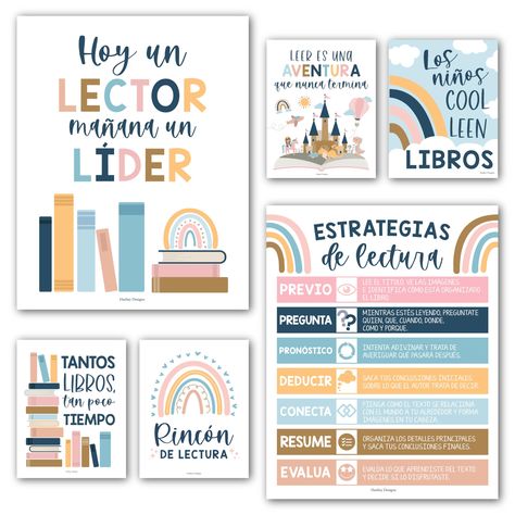 Classroom Decorations High School, Preschool Reading Area, Spanish Classroom Bulletin Boards, Classroom Posters Middle School, Signs For Classroom, Spanish Classroom Posters, Classroom Posters Elementary, Library Decorations, Spanish Classroom Decor