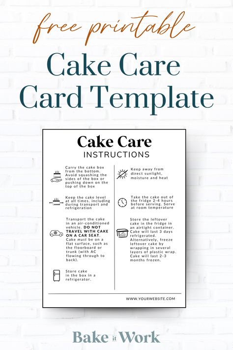 FREE Cake Care Card Template.  Choose a ready-to-print option OR a version that's fully editable inside of Canva!  Send your cake orders off with this care card attached to the box so customers will know how to transport, serve and store any cake leftovers.  Perfect for your bakery business! Cake Instructions Card, Cake Care Instructions Card Printable, Cake Care Instructions Card, Cake Pricing Guide, Cake Care Card, Cake Styling, Cake Business Cards, Decoration Hacks, Styling Business