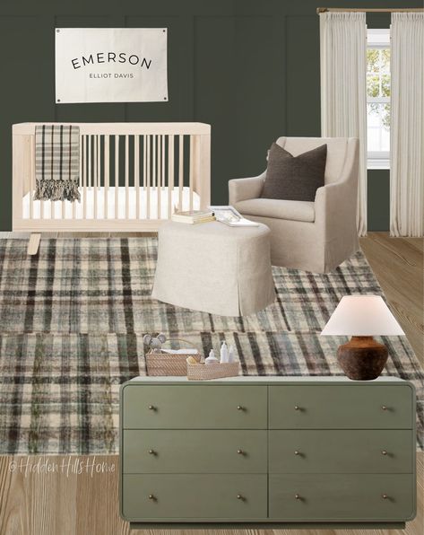 Boy Nursery Mood Board, Green And Brown Nursery, Football Theme Nursery, Green Nursery Boy, Decor Mood Board, Plaid Nursery, Brown Nursery, Green Baby Room, Baby Nursery Inspiration