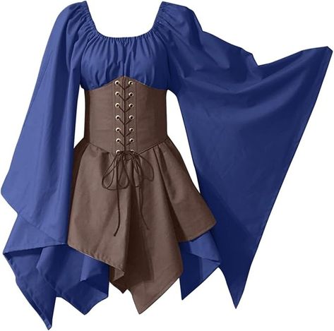 Amazon.com: Lainuyoah Renaissance Faire Costume Women Underbust Plus Size Gown Trumpet Sleeves Medieval Punk Retro Strappy Lace Up Corset : Clothing, Shoes & Jewelry Shirt Dress With Corset, Medieval Costume Women, Vintage Palace, Elf Dress, Dress With Corset, Elf Costume, Mid Calf Dresses, Printed Pleated Skirt, Medieval Costume