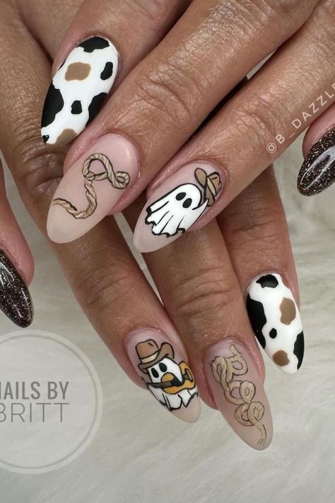 Elevate your look with warm hues and cozy vibes that capture the essence of the season. #AutumnManicure #NailArtInspiration #howdy #boonails #nailstoinspire #après #ghostnails #fallnails #halloweennails #ghosties #fallvibes #cowboynails #nailart #cowboyghostnails #halloween2024nails #explorepage #artistrynails #orcuttnailsalon #805nails🍁💅🧡 Country Halloween Nails, Ghost Cowboy Nails, 101 Dalmations Nails, Western Halloween Nails, Cowboy Nails, Cowgirl Halloween, Country Halloween, Country Nails, Cow Nails