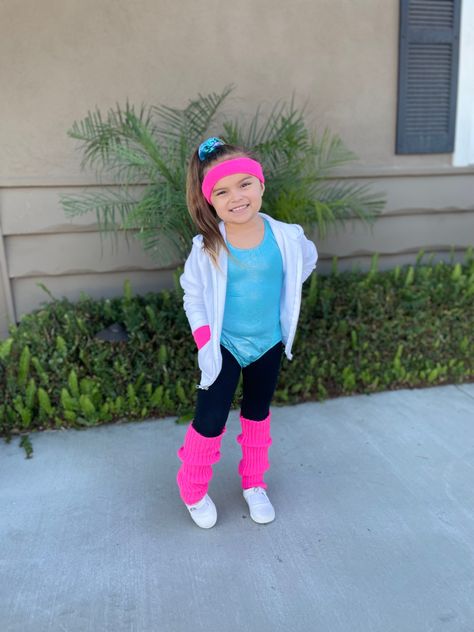 Workout Spirit Day Outfit, Kids 80’s Costume, 80s Fashion Kids Girls Outfit, Diy 50s Costume Kids, Girls 80s Outfits Kids, Decades Day Spirit Week Kids, 80s Toddler Outfit Ideas, Kids Decade Day Outfits, 80s Dress Up Day At School