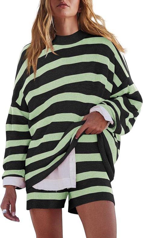 LAMISSCHE Womens Oversized Lounge Sets 2 Piece Outfits Striped Matching Pajama Set Long Sleeve Sweater Set(Pink&Navy,L) at Amazon Women’s Clothing store Lounge Sets For Women, Sweater Sets Womens, Matching Pajama Set, Two Piece Loungewear, Lounge Wear Sets, Matching Lounge Set, Pajama Set Long, Oversize Outfit, Womens Loungewear Sets