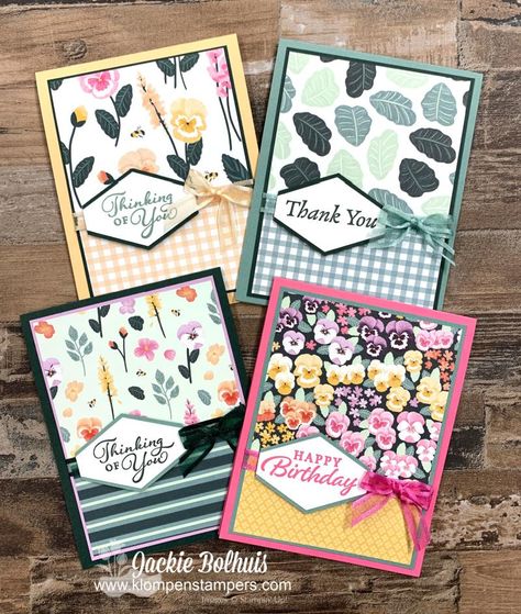 Scrap Paper Cards Simple, Tailored Tag Punch Stampin Up Cards, Stampin Up Card Sets, Stampin Up Pansy Petals Dsp, Dsp Cards Layout, Scrapbook Paper Cards, Patterned Paper Cards, Easy Stampin Up Cards, Homemade Cards Ideas Creativity