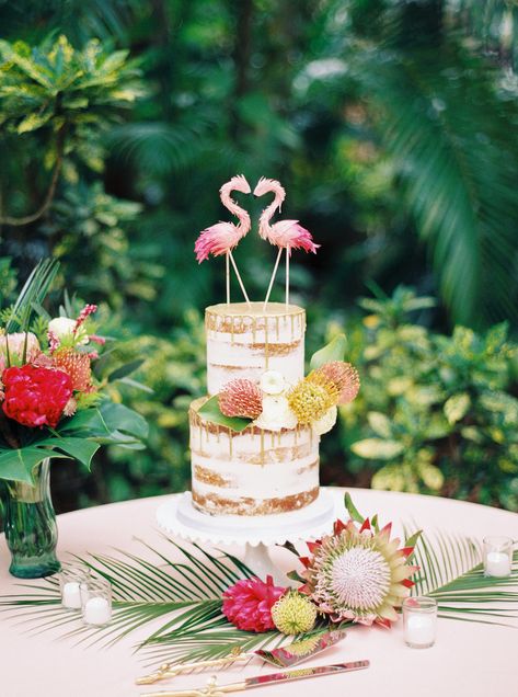 Round Two Tier Semi Naked Wedding Cake and Gold Drip Detailing with Fresh Tropical Flowers, Pink Flamingo Cake Topper Hawaiin Wedding, Flamingo Wedding Cake, Flamingo Cake Topper, Flamingo Wedding, Tropical Wedding Cake, Sunken Gardens, Wedding Cake Fresh Flowers, Southern Wedding Inspiration, Pink Weddings