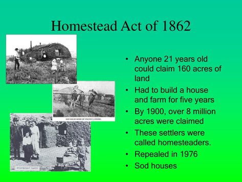 Homestead Act | PPT - Western & Eastern U.S. 1870-1900 PowerPoint ... Homestead Act, United States History, Industrial Revolution, 4th Grade, The East, Powerpoint Presentation, Building A House, Acting, Presentation