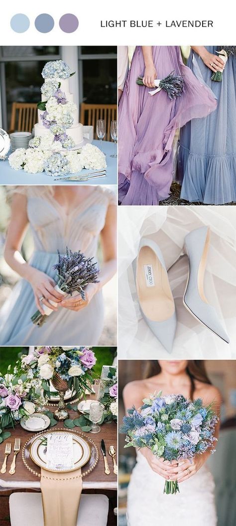 Blue And Lavender Wedding, Light Blue Wedding Colors, Lavender Wedding Colors, Lilac Wedding Bouquet, Wedding Color Schemes Spring, Wedding Color Palette Summer, Wedding Color Ideas, Blue And Lavender, Light Blue Wedding