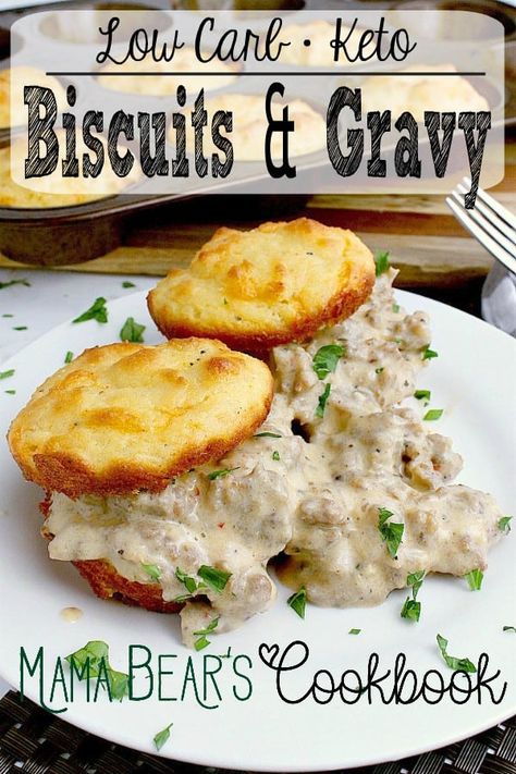 Ready in less than 30 minutes, this Keto Biscuits and Gravy recipe is super filling and crazy delicious, making it a perfect breakfast meal! #keto #lowcarb #breakfast #mamabearscookbook Keto Biscuits And Gravy, Biscuit And Gravy Bake, Biscuits And Gravy Recipe, Low Sugar Diet Recipes, Biscuits And Gravy Casserole, Healthy Low Carb Snacks, Low Carb Biscuit, Keto Cinnamon, Low Fat Low Carb