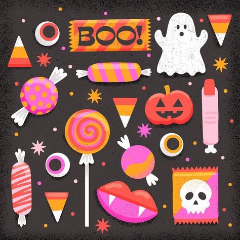 Halloween Sweets Illustration, Sweet Halloween Decorations, Halloween Candy Illustration, Halloween Design Illustration, Halloween Candy Drawing, Halloween Candy Art, Halloween Illustration Design, Alternative Stickers, Halloween Notes