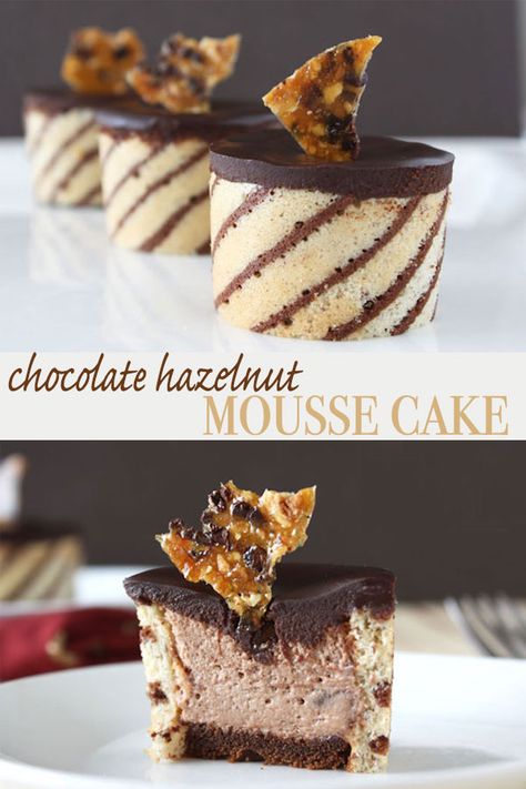 These beautiful chocolate hazelnut mousse cakes or entremet are both pretty and delicious. You can't go wrong with the combination of chocolate and hazelnut. Mousse Entremet, Hazelnut Mousse, Fancy Desserts Recipes, Mousse Cakes, Cake Wraps, Mousse Dessert, Beautiful Chocolate, Elegant Desserts, Desserts For A Crowd