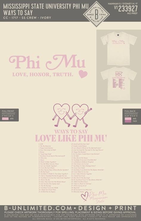 Sorority Merch Ideas, Phi Mu Shirts, Sorority Photoshoot, Sorority Family, Sorority Poses, Spring Recruitment, Sorority Sisterhood, Recruitment Shirts, Sorority Events