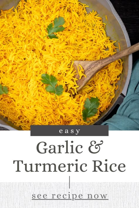 This Garlic Turmeric Rice recipe is a game-changer – simple, aromatic, and bursting with golden goodness. The garlic and turmeric boost the flavor of this simple side dish and add a zing of flavor to your meals. Best of all you can reap the benefits of turmeric by incorporating this delicious rice into your everyday diet. It's simple, easy to make, and takes less than 20 minutes. #TurmericRice #SavorySide #EasyRecipes Instant Pot Turmeric Rice, Ginger Garlic Rice, Ginger Tumeric Garlic Honey, Tumeric Rice Recipe, Garlic Turmeric Rice, Rice Turmeric, Turmeric Rice Recipe, Recipes Using Turmeric, Tumeric Rice