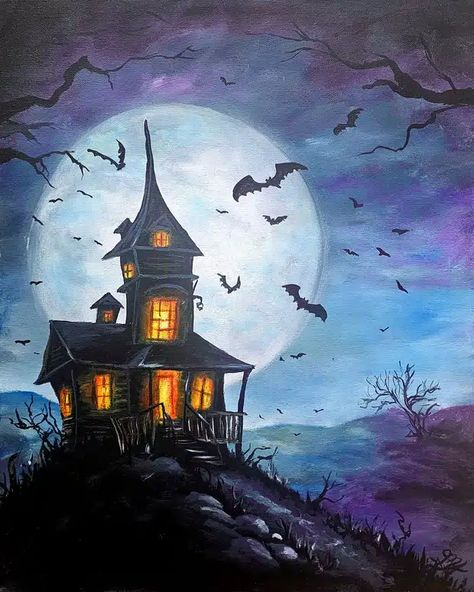 Haunted HouseMichelle Class Painting, Halloween Canvas Art, Haunted Tree, Scrape Painting, Spooky Town, Spooky House, Painting Classes, Fall Watercolor, Halloween Painting