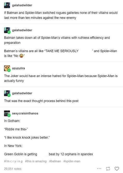 Marvel Scenarios, Hero X Villain, Batman And Spiderman, Batman Villians, Spidey Sense, Dc Funny, Writing Materials, Head Cannons, The Riddler