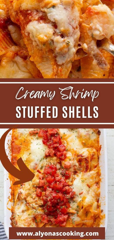 Seafood Stuffed Pasta Shells Recipe, Jumbo Stuffed Pasta Shells, Shrimp Stuffed Shells, Seafood Stuffed Shells Recipe, Jumbo Shell Recipes, Shrimp Filling, Cheesy Casserole Recipes, Seafood Stuffed Shells, Ground Beef Pasta Recipes