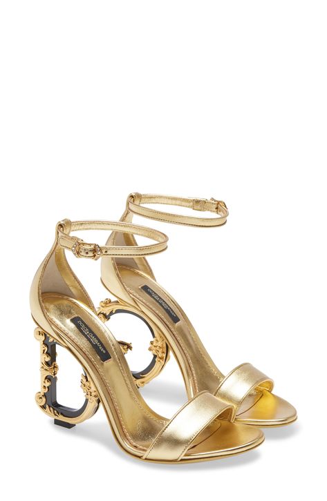 Dolce&Gabbana Keira Baroque DG Heel Sandal available at #Nordstrom Dolce And Gabbana Gold Heels, Dice Cuphead, Iconic Heels, Dg Monogram, Gold Shoes Heels, Slippers Heels, Fur Heels, Latest Sandal, Luxury Lifestyle Fashion