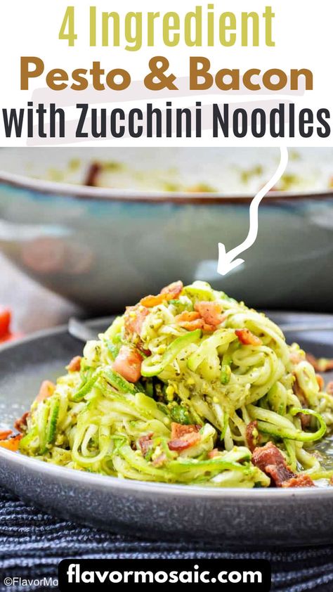 4 Ingredient Pesto & Bacon with Zucchini Noodles make a delicious summer meal that cooks up in minutes! You’ll love the combination of pesto and bacon flavors! You can create the long zucchini noodles by using a Spiralizer, mandolin, or vegetable peeler to slice the zucchini into long, skinny slices. They are so easy to make! Zucchini Noodles With Pesto, Bacon Zucchini, Exotic Recipes, Zucchini Side Dishes, Bacon Dishes, Light Summer Meals, Pasta Substitute, Zucchini Recipes Healthy, Zucchini Noodle Recipes