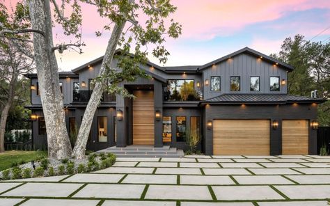 Wood Slat Ceiling, Encino California, Double Island Kitchen, Hollywood Hills Homes, Indoor Waterfall, Michael B Jordan, Island With Seating, House System, Modern Farmhouse Style