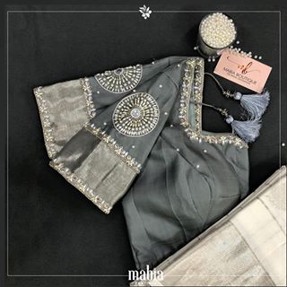 Bridal Blouse Ideas! . Designed by @mabia_mb  Model @meenakshi_govindharajan  MUA @vijiknr  Jewel @bronzerbridaljewellery … Black Check Dress, Stone Work Blouse, Zardosi Embroidery, Blouse Ideas, Blouse Designs Silk, Work Blouses, Bridal Blouse, Grey Blouse, Embroidery Designs Fashion