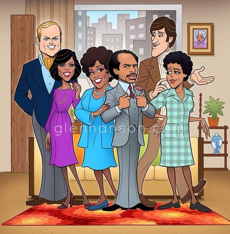 The cast of The Jeffersons by Glen Hanson The Jeffersons Tv Show, Glen Hanson, The Jeffersons, Black Cartoons, Black Sitcoms, Childhood Memories 80s, Old Cartoon Shows, Celebrity Artwork, Cartoon Character Tattoos