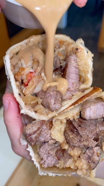 Surf And Turf Hibachi Burrito, Hibachi Burrito Recipe, Surf And Turf Burrito, Hibachi Burrito, Surf And Turf Burrito Recipe, Burrito Recipe, Surf And Turf, Burritos Recipe, Chicken Fried Rice