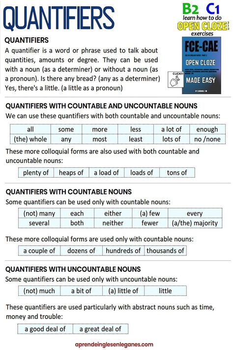 QUANTIFIERS (LIST) Cloze Test Reading Comprehension, C2 Words, Quantifiers Grammar, C1 English, English Grammar Test, English Grammar Notes, English Language Course, Study English Language, English Exam