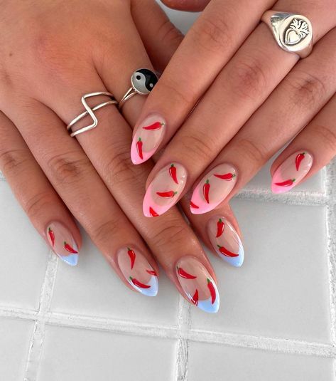 peachi nails on Instagram: “spicy french 🌶🔥 - - - - - - - #peachinails #nails #nailart #gelnails #nailpolish #instanails #nailinspo #fashion #style #cosmetics #beauty…” Pink And Blue Nails, Pink Blue Nails, Gender Reveal Nails, Short Nail Ideas, Cotton Candy Nails, Short Nail Manicure, Cute Pink Nails, Art Deco Nails, New Nail Designs